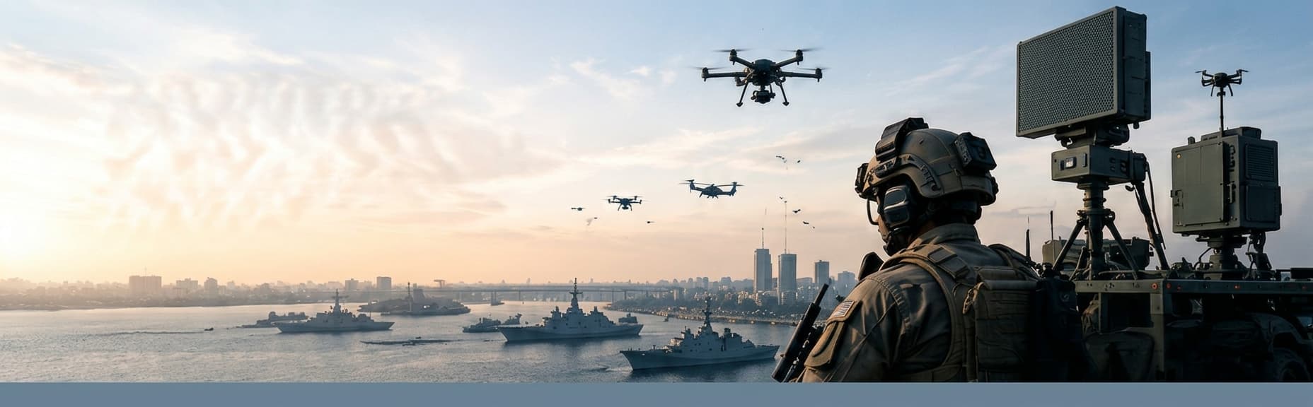 Soldier overlooking a harbour with counter-drone radar systems and naval ships