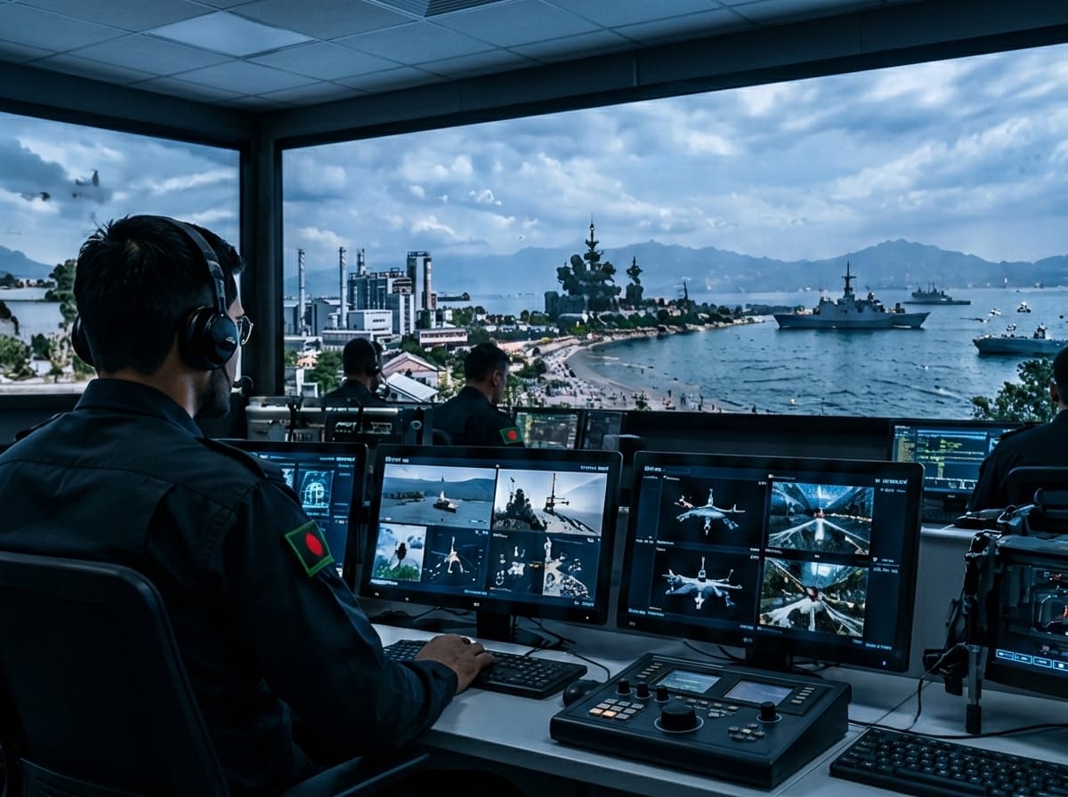 Defence control room operator monitoring naval and air surveillance screens
